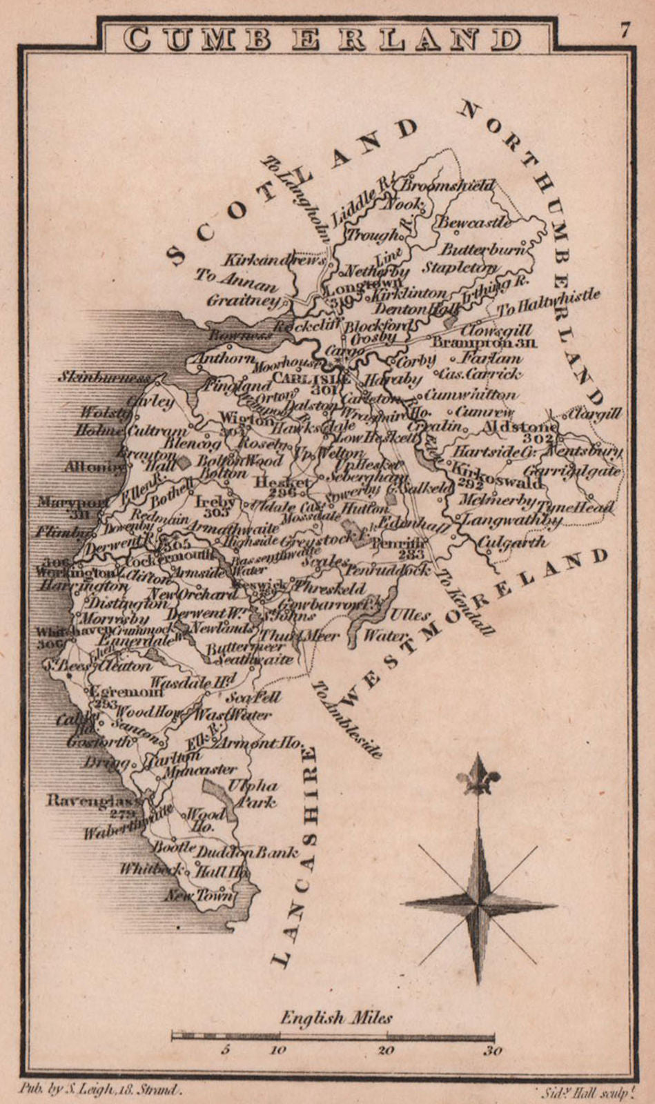 Cumberland / Cumbria miniature county map by Samuel Leigh / Sidney Hall c1820